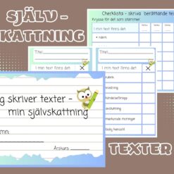 Bild av startsidan för skrivutvecklingsmaterialet med två checklistor och brun bakgrund, fokuserat på självskattning och berättande texter för lågstadieelever på svenska.