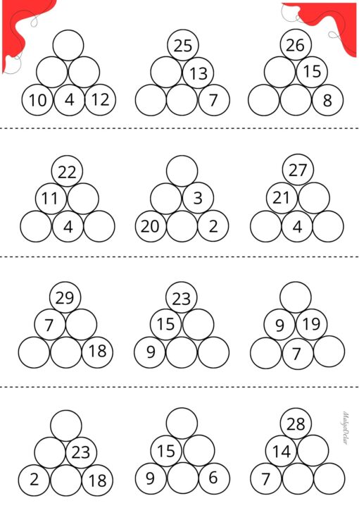 En sida som visar tolv mattepyramider inom talområdet 0-30, en resurs för att utveckla logiskt tänkande och huvudräkning.