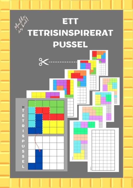 Bild av Tetrisinspirerat pussel med två svårighetsgrader, visar blad med block och rutor för att lägga pusslet.
